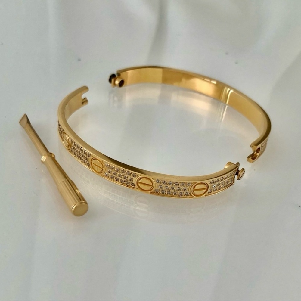 Gold Pave Diamond Screw Cuff Bangle Love Bracelet with Screwdriver - Picture 5 of 13